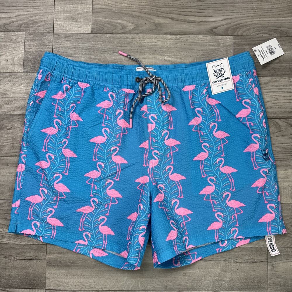 Party Pants Swim Trunks Shorts Blue Pink Flamingo Print sz XXL